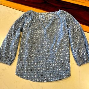 Roberta Roller Rabbit Blouse 3/4" sleeve Medium White Blue Chambray